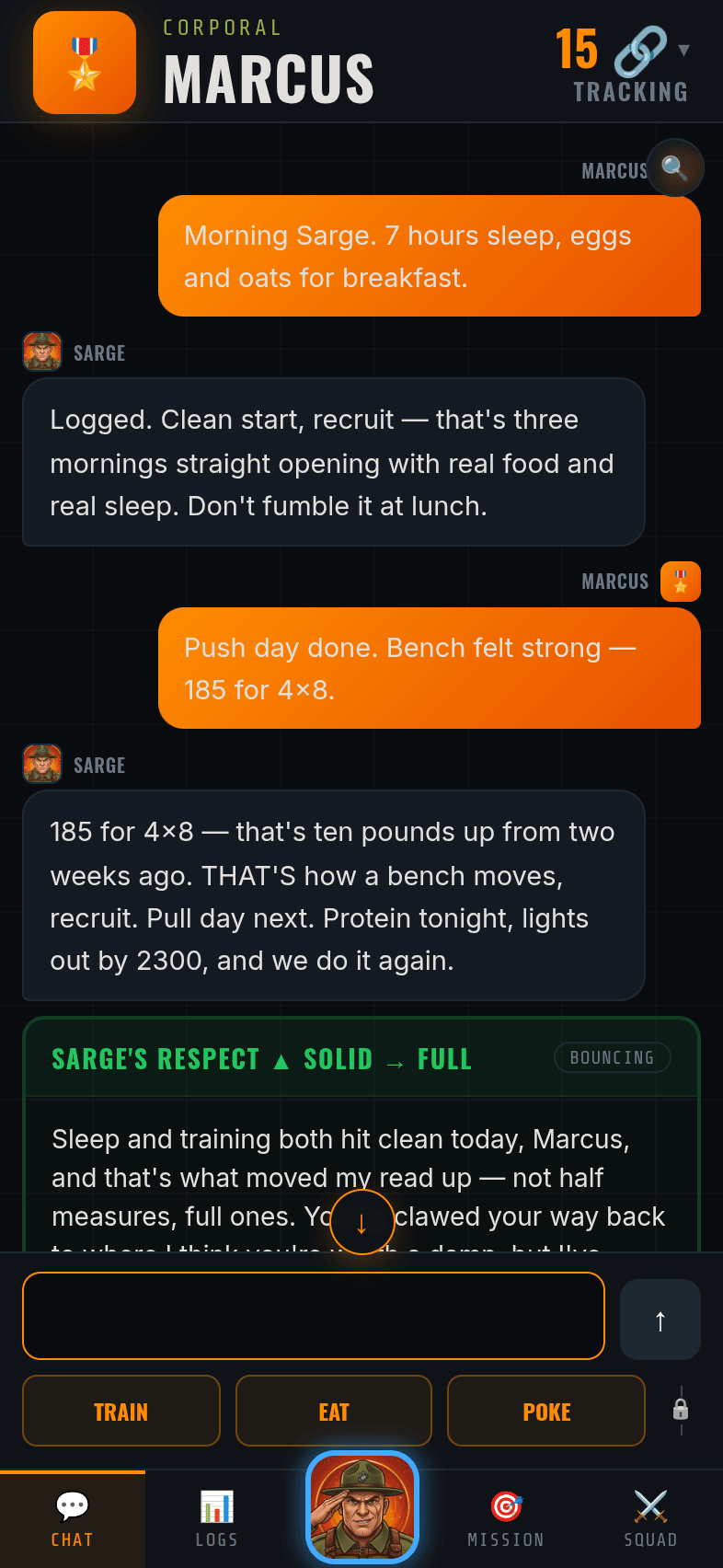 Logging sleep, breakfast, and a bench PR in chat — Sarge answers and his respect moves