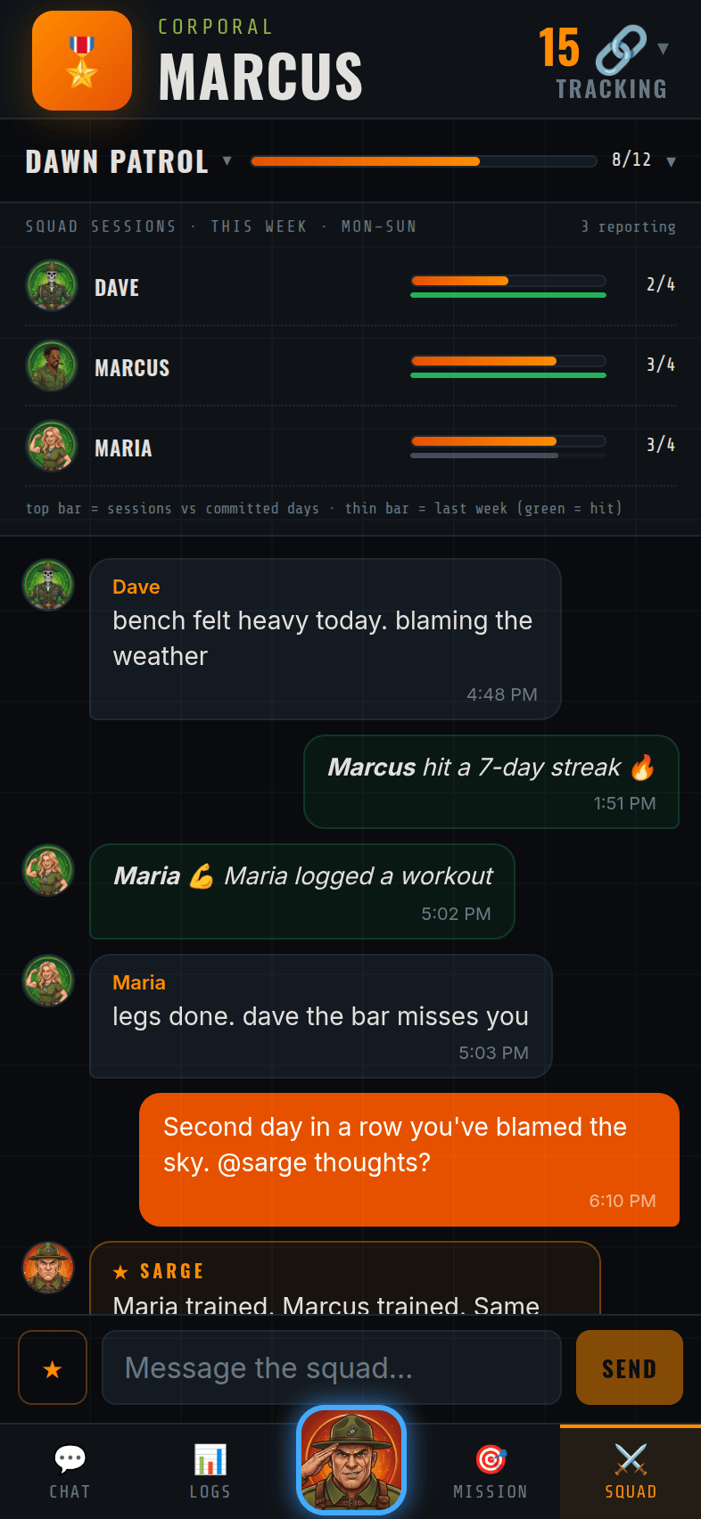 A squad thread — sessions bar, trash talk, and Sarge summoned by @sarge
